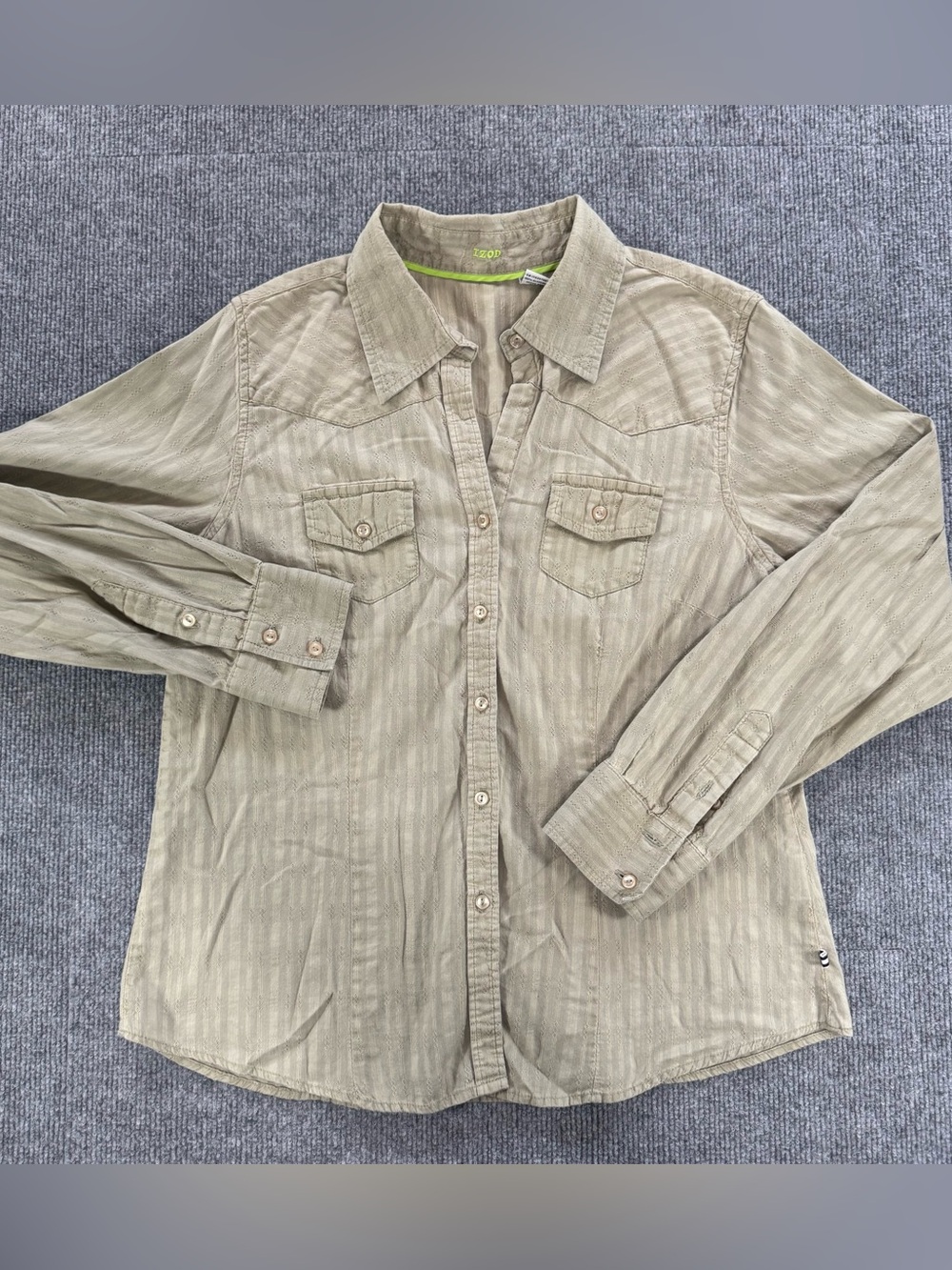 IZOD Western Button Up Shirt L Sage Green Stripe Roll Tab Pearl Button Earthy
